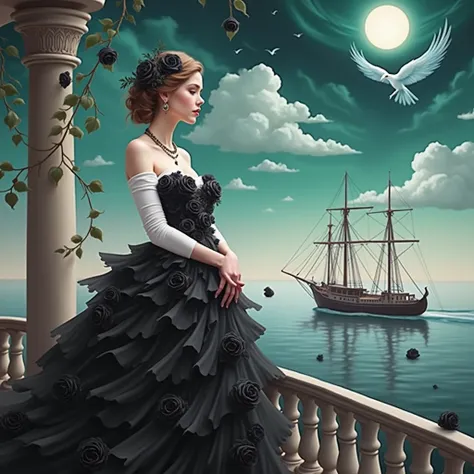 A conceptual painting of a graceful white woman in an ice-black gown standing on a delicate balcony. She is draped with dark black roses. The woman stands serenely and gazes across a peaceful waterscape with a majestic boat gliding quietly. The background ...