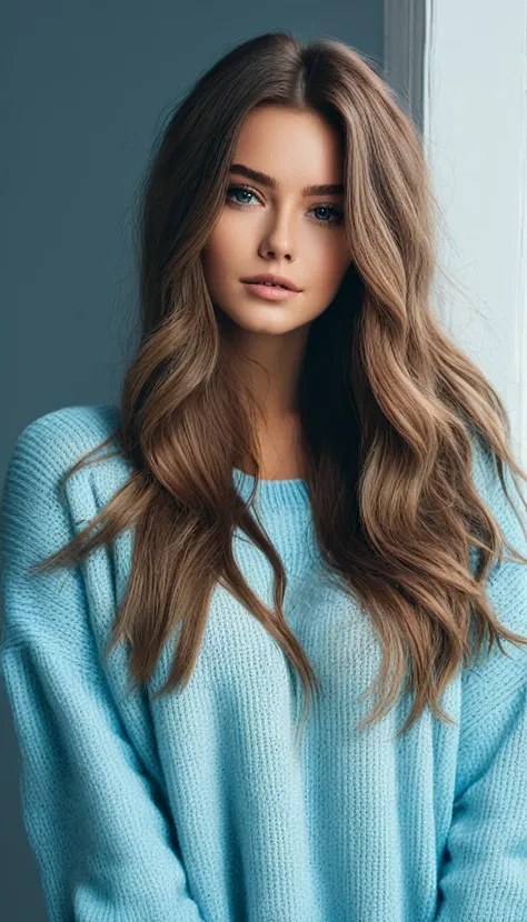 portrait photo of emmawats0n in a oversized light blue sweater, (long hair), posing for a picture, ziprealism, for cosmopolitan,  realistic skin texture, softcore, warm lighting, simple background, magazine cover style