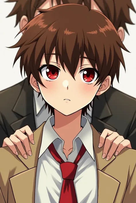 A boy with red eyes brown hair  ( a little effeminate ) with a neutral face ,  wears a white shirt .  with a boy behind his brown hair and almond red eyes holding him by the shoulders with a sadistic smile,  wears a beige jacket white shirt and red tie (me...