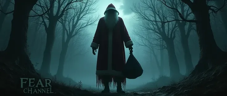 " A terrifying and enigmatic YouTube cover for the Fear of Channel,  with a dark landscape of a dense forest ,  where twisted trees seem to stretch out into the dark sky . in the center,  a mysterious figure of a man with a back ,  wearing a macabre Santa ...