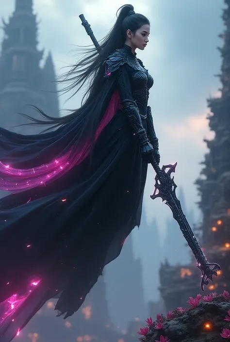 artwork depicting a futuristic, beautiful gothic asian woman. It is wearing a glowing magenta cloak and flying through the air, holding a large, futuristic intricate weapon. white body is covered in intricate mechanical details gloosy black armor and its e...