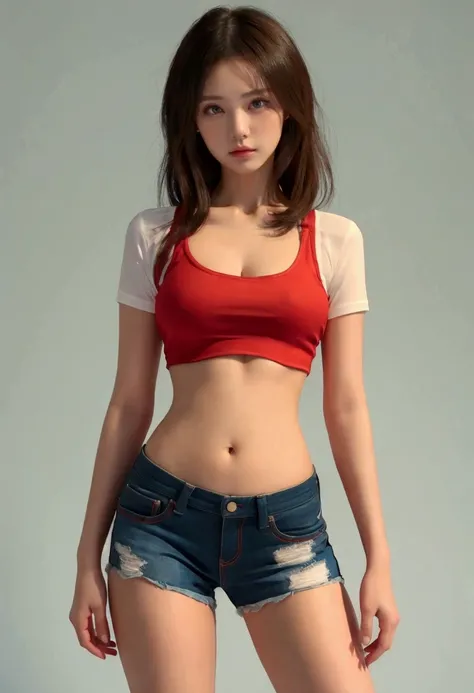  Araf women wearing red shirts and blue power shorts Post a photo pose,  photorealistic perfect body ,  photos of slim female models ,  Perfect body with realistic silhouette ,  realistic anime girl depiction , Wear a sexy crop top.,  wearing a red single ...