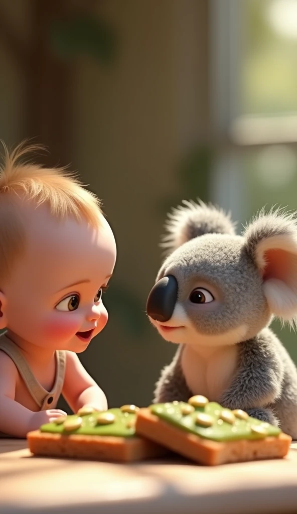 "A realistic image of a smiling human baby interacting with an adorable koala cub,  both in a moment of closeness and joy .  The baby has soft skin and rosy cheeks ,  with an enchanted expression when observing the koala .  The koala cub has fur detailed i...