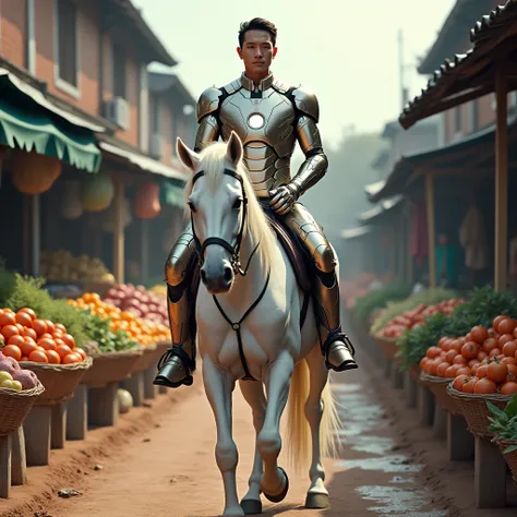 (photorealism 1:2) a Thai man wearing Ironman costume, is riding a white horse, behind him there are baskets right and left, containing vegetables and fruit, muddy road background, traditional market, photography, best color, masterpice, 16k resolution, de...