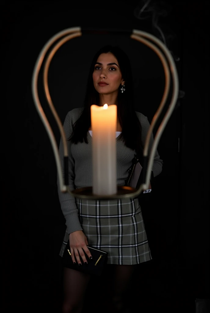 1. Italian woman with long straight black hair is pictured standing near a doorway with a neutral background and a book or sHe is holding a notebook in his left hand.   She has long, dark hair that is parted in the middle and naturally styled and frames he...