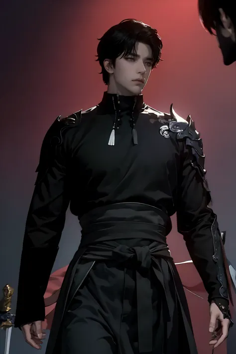 a dark-haired man with deep black eyes, imposing and handsome, sasuke uchiha, wearing a black warrior outfit and a sword at his ...