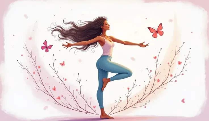 A hand-drawn illustration of a serene young woman, aged 25 to 30, gracefully transitioning through a yoga pose that symbolizes change. She is depicted in a flowing, dynamic movement, balancing on one leg with her arms gently outstretched, as if embracing t...