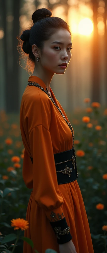 A Thai -french women have lite blue eyes in luxury clothes orange black style, look back, stand on vine, in dark forest, light sun set Crepuscular rays.There are flowers patale flying background, realistic photography. 64k 3d UHR.