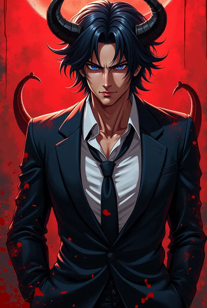 anime guy in a suit with a blood splattered background, inspired by okumura masanobu, anime handsome man, tall anime guy with bl...