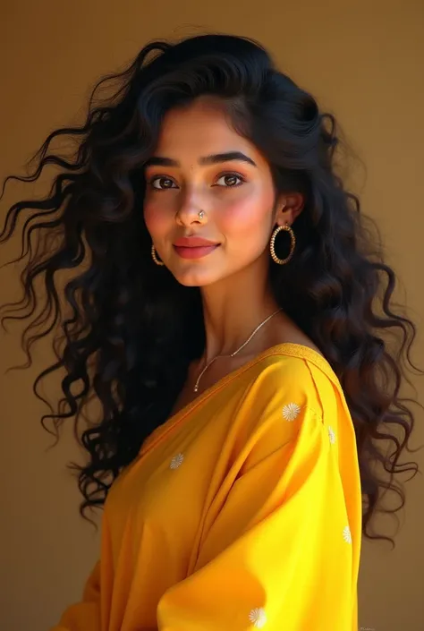 South asian 35 years old fair round faced girl with dimples and curly black hair. Yellow long frock