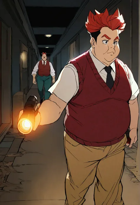 overweight male anthropomorphic red fox with short black haircut dressed in burgundy sweater vest with tie with sand colour trousers walks in a dark room with a flashlight in the hand with fearful face