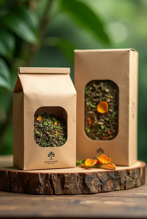 Create several images of the packing of herbal teas in cardboard boxes with a transparent window 