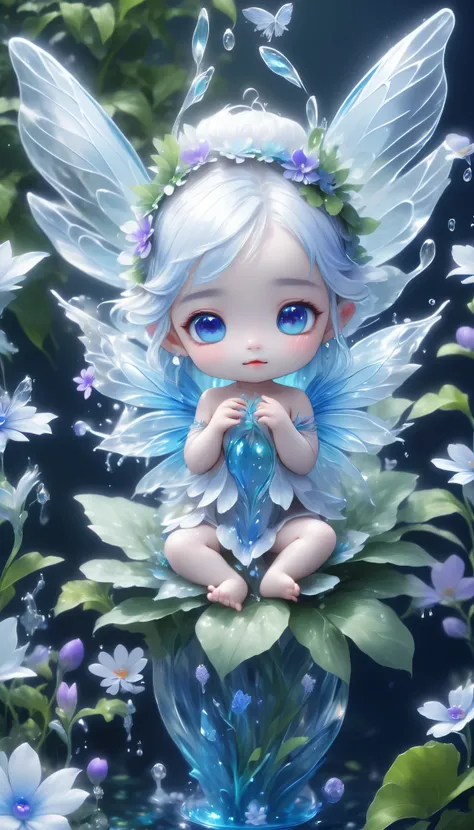 A 、 cute water baby fairy with transparent blue wings and white hair sits on a white flower、 A corolla made of purple flowers and green leaves on the head 、A body as transparent as a drop of water 、、 HIGH DETAILS 、 cute expression 、 cute face