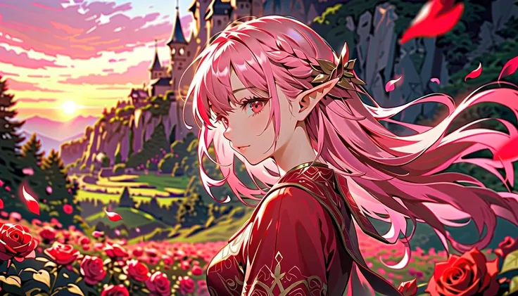 (masterpiece:1.2),(1 girl),elf,red cute dress,beautiful detailed red eyes,In the fantastic beauty of the pink sunset, Countless vibrant red roses bloom, pink blonde hair, A gentle light spreads over the tranquil surroundings, Delicate petals blend into int...