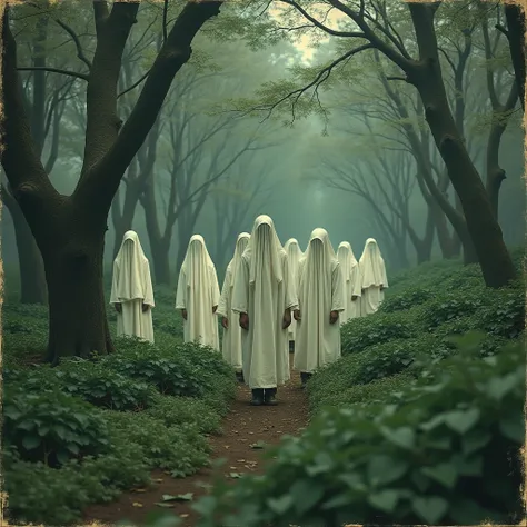  creates an image of a forest with a lot of dark green shrubs with a group of people in the distance dressed in white as if from a cult or cult style ceremony,  the image is vintage , Year 1965 