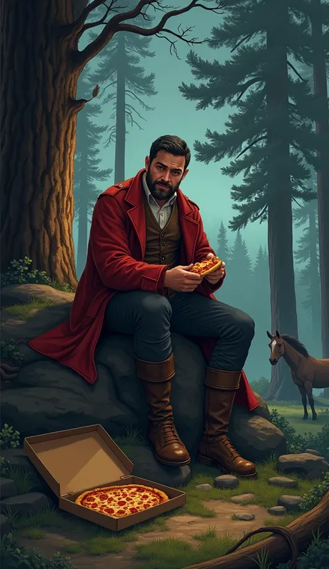 a realistic illustration with marshal teodoro, sitting on a rock in a forest, at dusk, surrounded by many trees, in the background there is a horse grazing. the marshal has in his hands a slice of pizza and next to him a box with pizza leftovers.