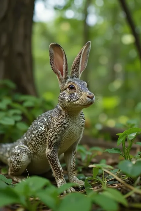 ((masterpiece)) ((photography)) ((Highest quality)) A nature photography of a hybrid creature with the mix of a crocodile and of a rabbit. The blending of the two animals is striking and surreal. The scene features a shallow depth of field, highlighting th...