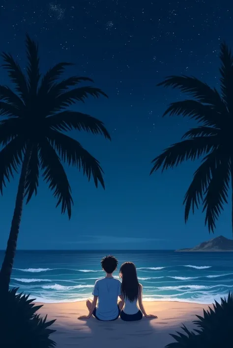 A lovely couple sitting at the beach, under the coconut trees. looking at the waves. there is no moon. Only so many stars. image should be like anime. Remove the moon. Put more stars