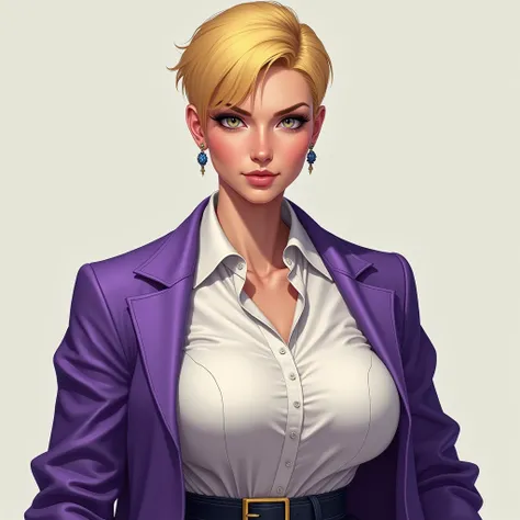 Female of majority 37 years old ,  short yellow hair pointed tufts ,  white shirt with neckline purple jacket big breasts High resolution,  masterpiece, Detail,  lyrics, 