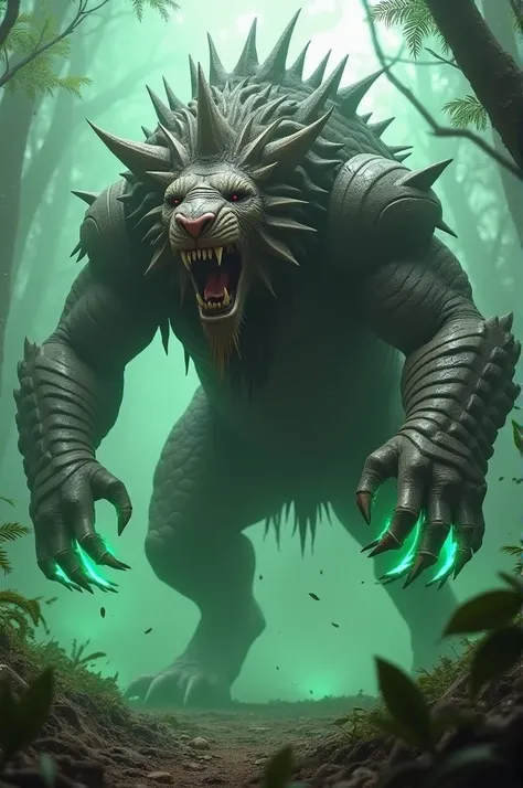 In the heart of the haunted jungle appears the hybrid creature. A muscular lions body, covered in armadillo-like carapace plates, forms an impenetrable armor. Its giant claws, sharp as knives, reflect the green glow of the surrounding fog. The lions mane i...