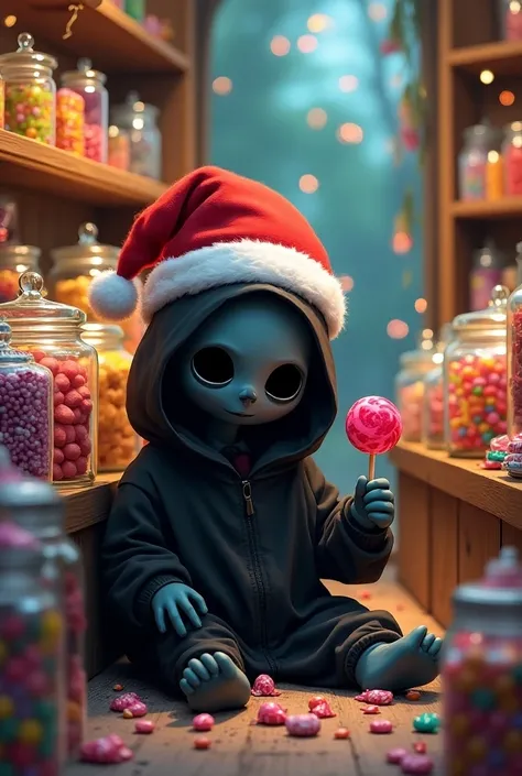 A cute grim reaper in a Santa Claus hat sits in the middle of a colorful candy store. His great,  dark eyes are curiously aimed at a lollipop , which he holds in his paw .  There are numerous glass cans filled with different colors Candies and sweets.  The...