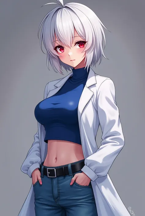 generates a 21-year-old woman, she has short white hair, she has red eyes, a sexually attractive body, she wears a lab coat and underneath her she has a blue sweater, jeans, breasts and a sexually attractive butt, 
have a desire to have sex 
generala posin...