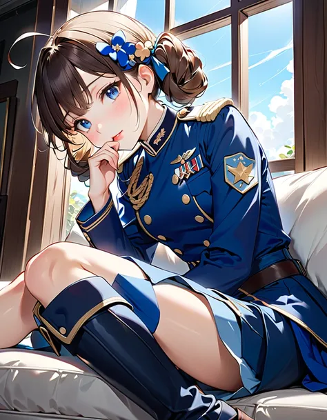 ((Lie on the sofa:1.5))、(( one girl :1.5)、((Girl:1.5)))、university student:1.5、 best quality、 high definition 、 detailed background 、 beautiful face down to the smallest detail 、 anatomically correct、detailed expression、fine grain、((whole body, from below:...