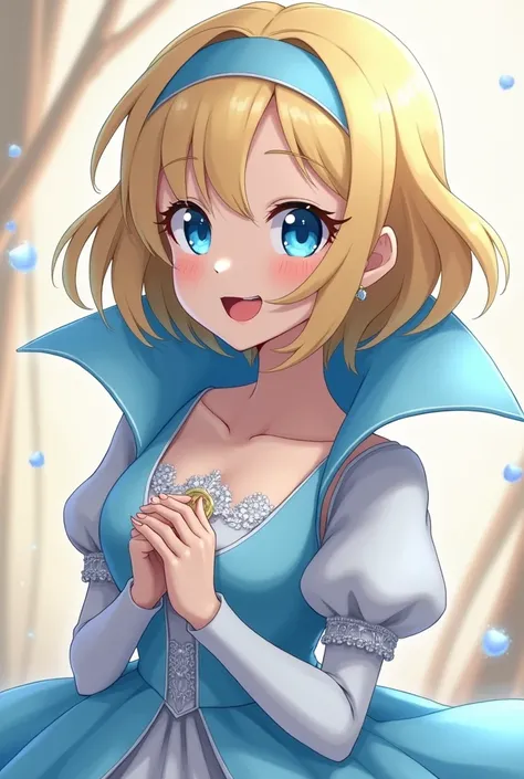 cute Blonde Anime Princess Maria Robtink with blue eyes wearing a blue headband and wearing a Blue Dress with a Massive Popped Collar taller than her head. Shes doing the Noblewoman laugh