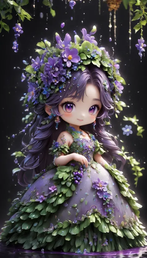 A 、cute水の赤ちゃん妖精が大きな白い花の上に座っている、 A corolla made of purple flowers and green leaves on the head 、A dress with a water drop motif 、、 HIGH DETAILS 、cute表情、cute顔、masterpiece,  rich colors, best quality,  Official Art,  fantasy ,  colorful  ， happiness, Nice bac...