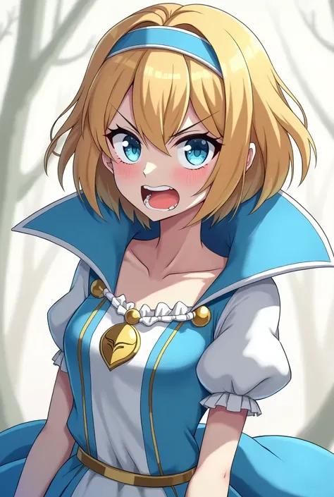 Angry Growling Cute Blonde Anime Princess Maria Robtink with blue eyes wearing a blue headband and wearing a Blue Dress with a Massive Popped Collar taller than her head