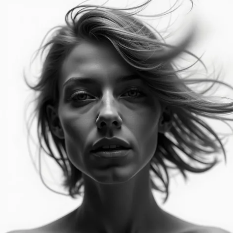  White background black and white photo Face with Hair in Wind**:abstract and sureal  Capture a close-up of a person with their hair blowing in the wind. Focus on the face while letting the hair blur, creating a dynamic contrast between stillness and motio...