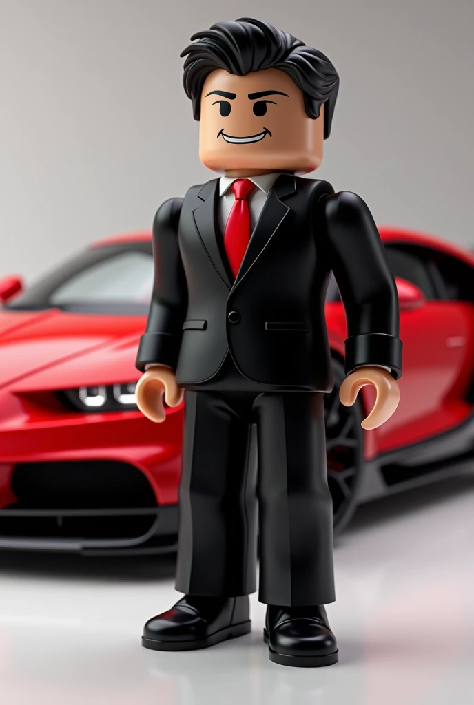 A Minecraft skin with a black suit with a red tie next to a Bugatti 
 Red 