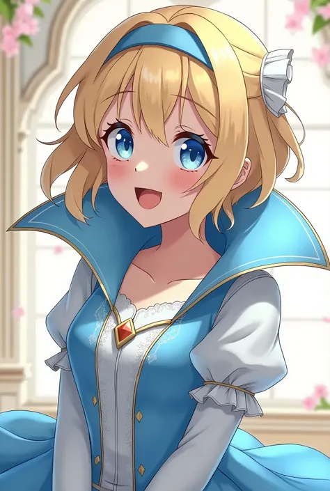 cute Blonde Anime Princess Maria Robtink with blue eyes wearing a blue headband and wearing a Blue Dress with a Massive Popped Collar taller than her head. Shes doing the Noblewoman laugh