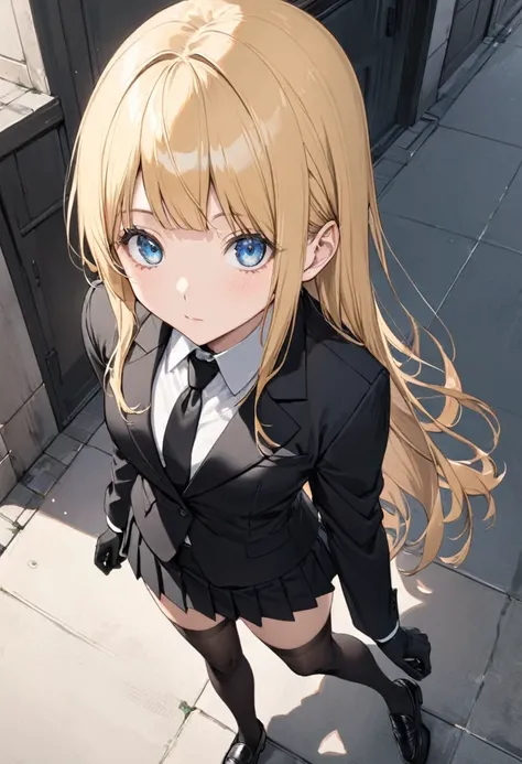 pleated skirt, long hair, black miniskirt, full body shot , black stockings , black loafers, black gloves , blonde hair , blue eyes, long sleeves, black blazer, view from above , black tie