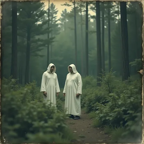  creates an image of a forest with a lot of dark green shrubs with 2 people in the distance dressed in white as if from a cult or cult style ceremony, Their faces can be seen since they are not wearing a hood, one of them is a young man and the other is a ...