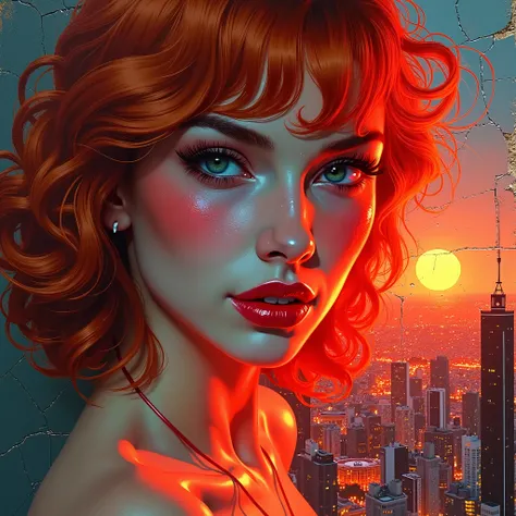 hand-drawn magic pin-up neon flirty cyberpunk many complex arts in one cinematic hyperrealism poster added reality photo girl looking at camera swirling in spiral dream close up transparent magic ginger-haired portrait by Rockwell on cracked liquid paper g...