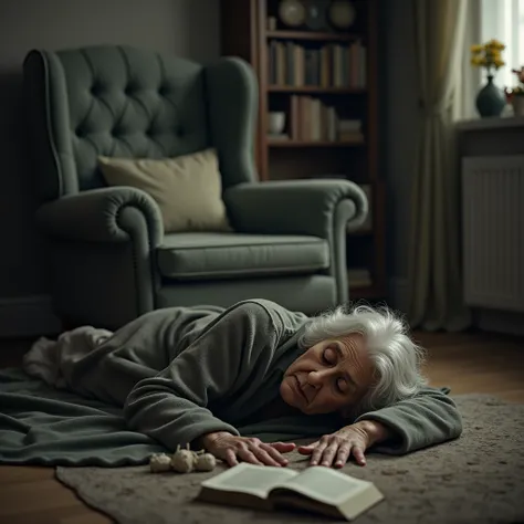  generate an image of the grandmother again but now lying unconscious on the floor next to the armchair, with open eyes and a gesture of sadness   