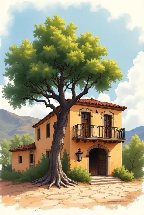 Give me a drawing sketch of a two-story Mexican house with two floors and an oak tree