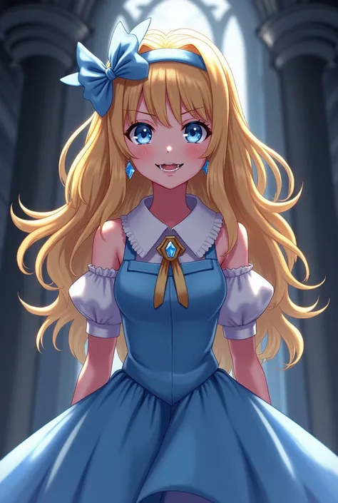 Evil Laughing Cute Blonde Anime Princess Maria Robtink with blue eyes wearing a blue headband and wearing a Blue Dress with a Massive Popped Collar taller than her head.