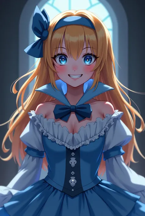 Evil Laughing Cute Blonde Anime Princess Maria Robtink with blue eyes wearing a blue headband and wearing a Blue Dress with a Massive Popped Collar taller than her head.