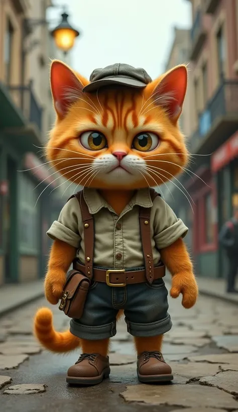 Orange cat wear old school clothes and bag looking worried background of street 