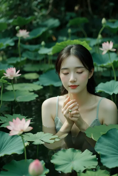 A woman is lying in a lotus pond (rising from a pond) with blooming lotuses. She is smiling. In her other hand, she is holding a lotus.