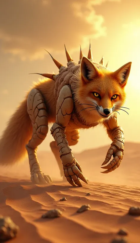 "Create a hyper-realistic hybrid creature combining the agility and cunning of a reddish-brown fox with the armored features of a pale yellow crab. The creature should have the sleek, fox-like body covered in a reddish-brown fur with hardened, crab-like ex...