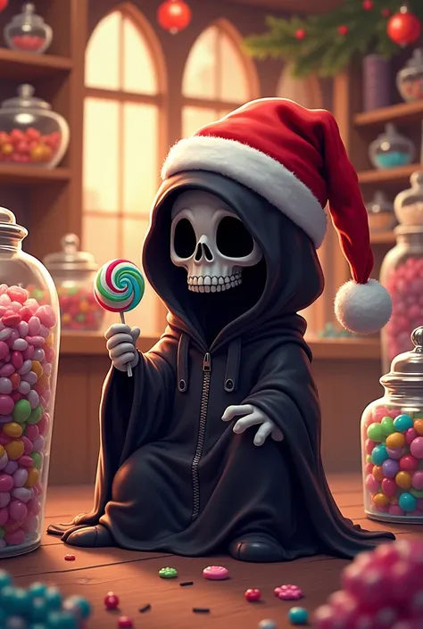  The picture is a  ,  almost cute version of the Grim Reaper sitting in a Santa Claus hat in the middle of a colorful candy shop . His great,  dark eyes are curious about a lollipop  , Which he keeps in his paw  .  There are numerous glass jars filled with...