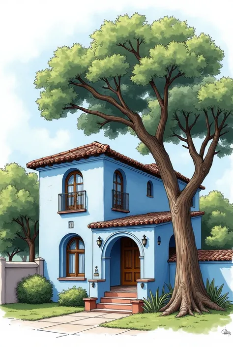 Give me a drawing sketch where there is a large two-story blue and white Mexican house and a medium-sized oak tree 