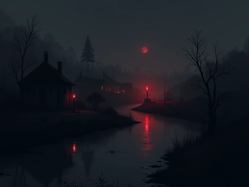 dark sky, red candle light, a small dark village by the dark river,