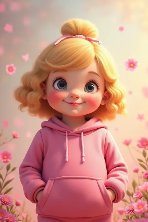 A chubby girl wearing pink with blond hair