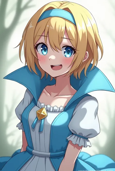 Evil Laughing Cute Blonde Anime Princess Maria Robtink with blue eyes wearing a blue headband and wearing a Blue Dress with a Massive Popped Collar taller than her head.