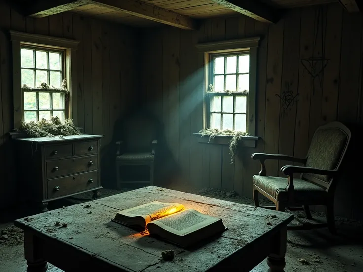 Inside the cabin, an old, dusty room with broken furniture, cobwebs, and strange occult symbols carved into the wooden walls. A faint glowing light emanates from a mysterious book lying open on a table.