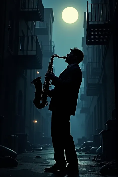 Create the silhouette of a saxophonist at night in a dark alley with the moon in the background